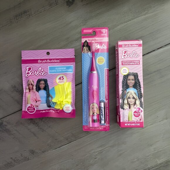 NEW 3Pc Barbie Sonic Powered Toothbrush Toothpaste & Flosser Set - Picture 1 of 5